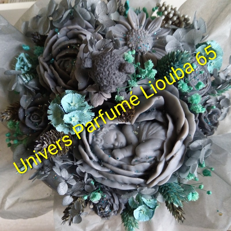 Bouquet de Fleurs de Cire Gris & Bleu